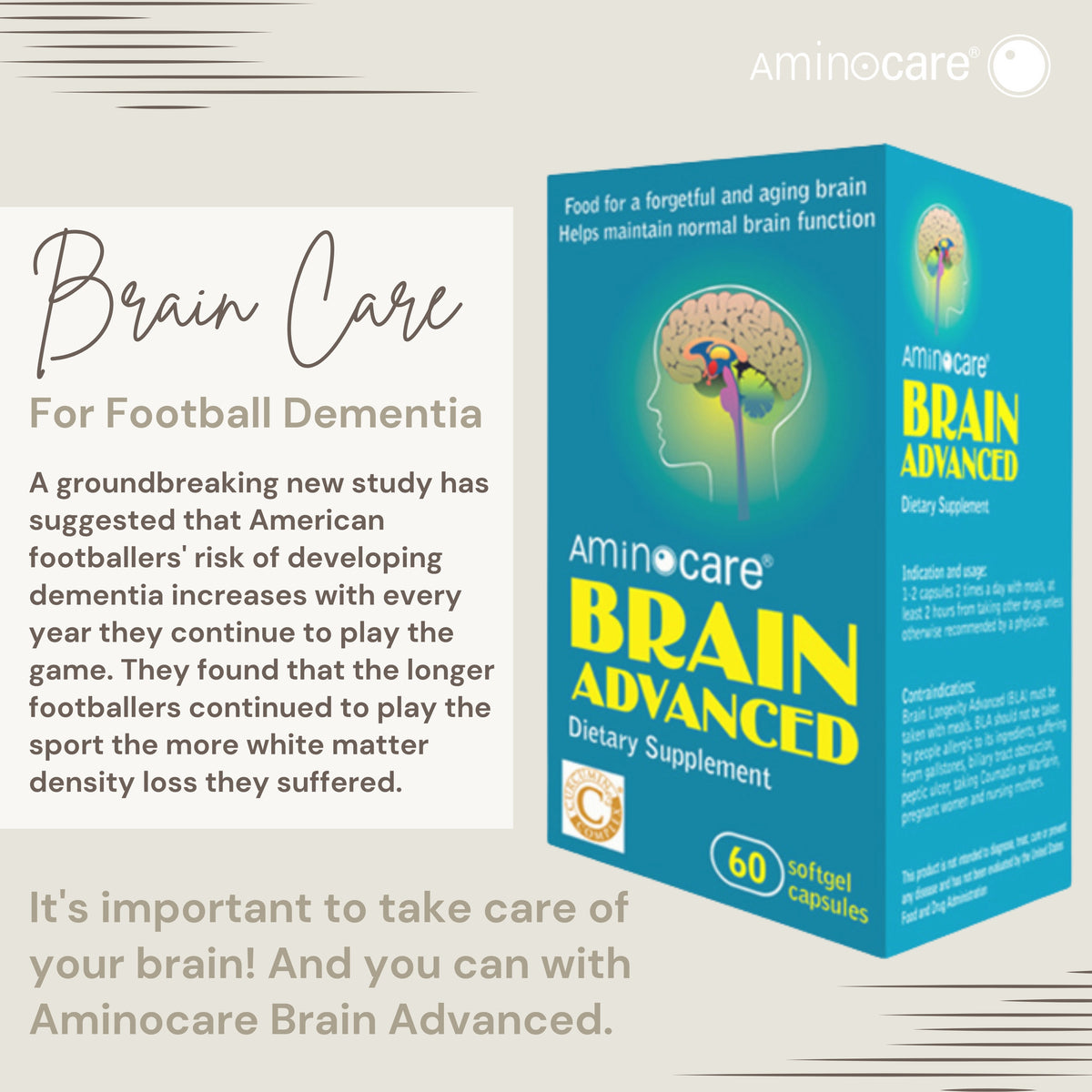 Football Players Need to Reduce their Risk of Dementia with Aminocare® Brain Care.