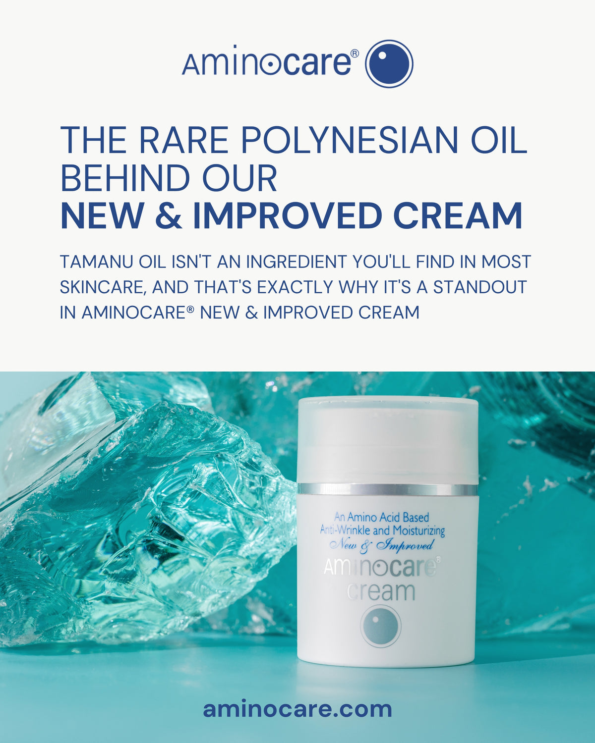 Aminocare New and Improved Cream with Tamanu oil on a bathroom counter in Houston, Texas