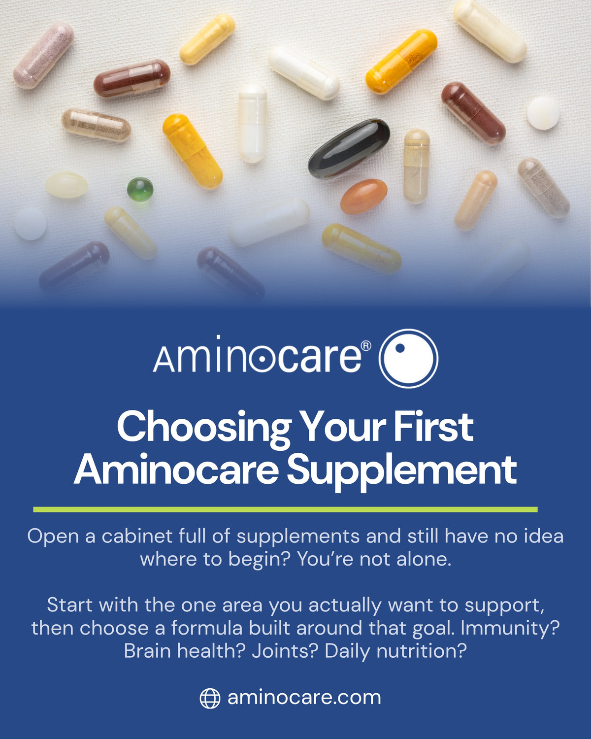 Shelf of Aminocare supplements organized by benefit in Houston, Texas