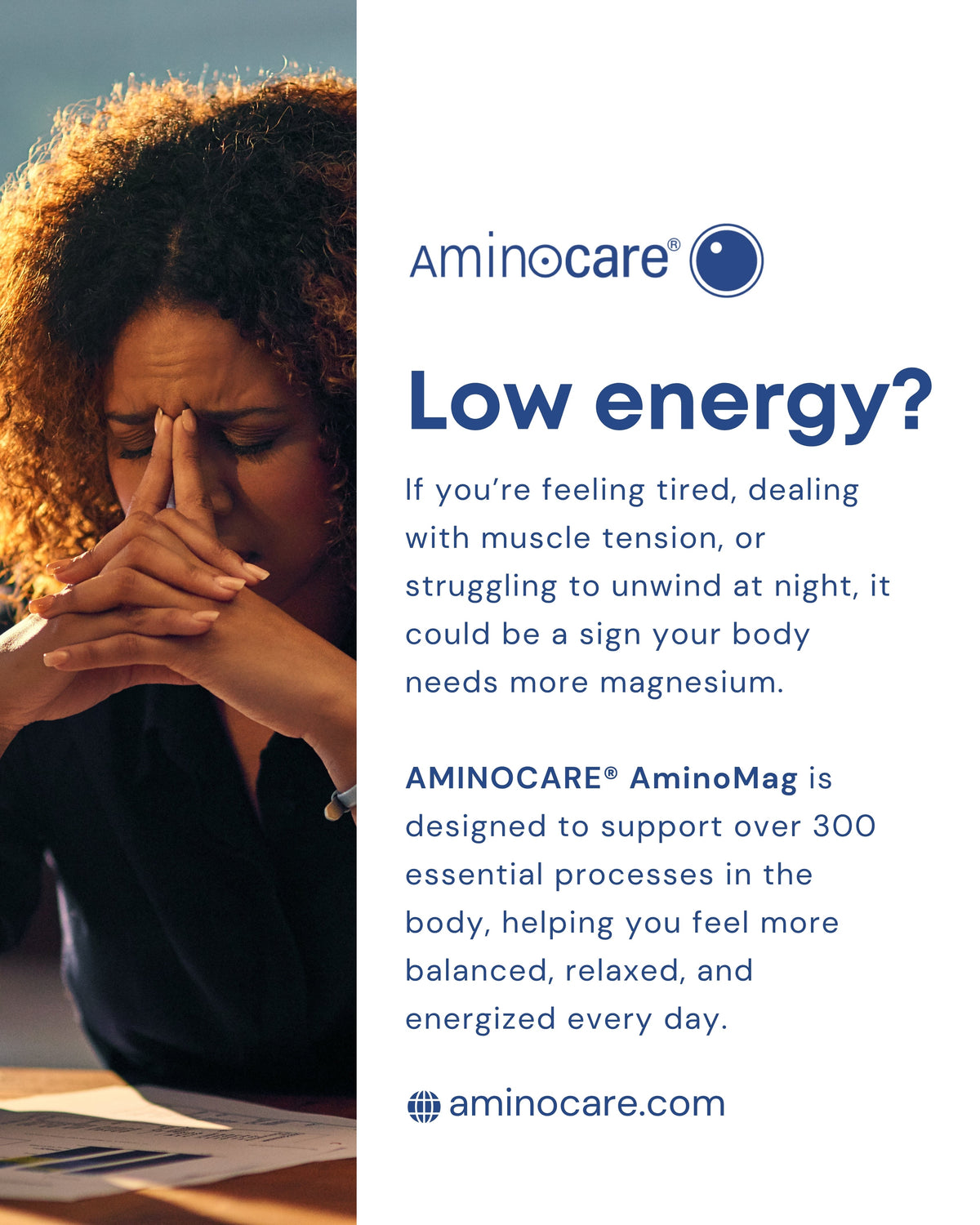 Woman with eyes closed holding her face. Representing unbalance and need for AMINOCARE® AminoMag for energy support.