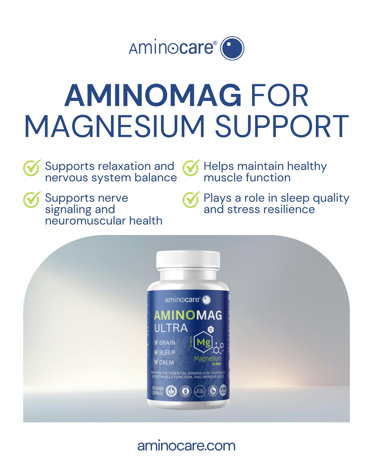 AminoCare® AMINOMAG supplement bottle for magnesium support, relaxation, muscle function, and stress relief
