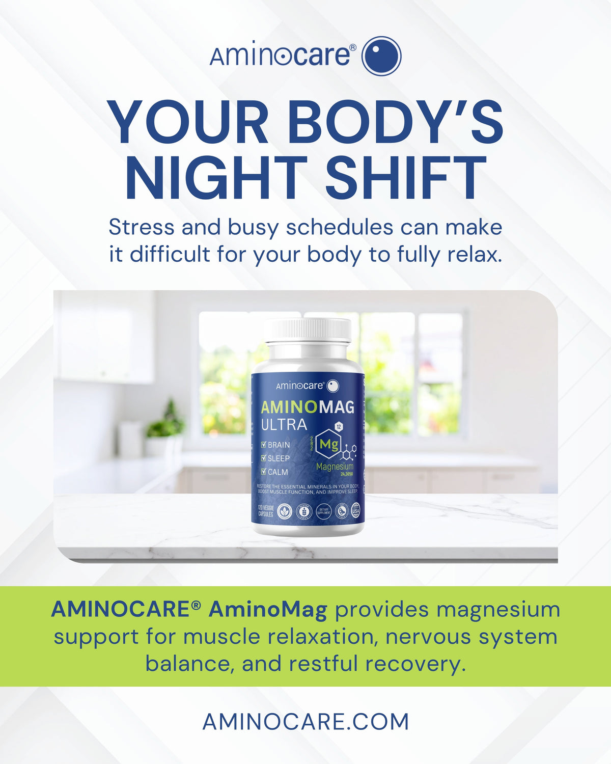 AMINOCARE® AminoMag bottle with text about benefits for bogy and rest.
