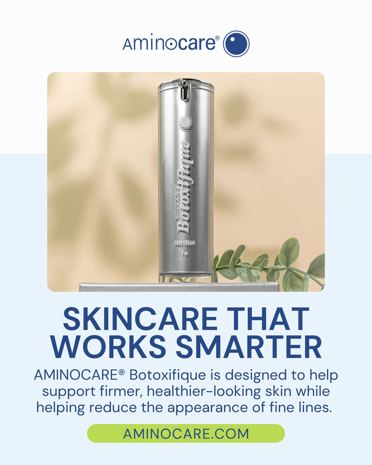 Aminocare® Botoxifique skincare bottle promoting smoother healthier looking skin and reduced appearance of fine lines on a clean modern background