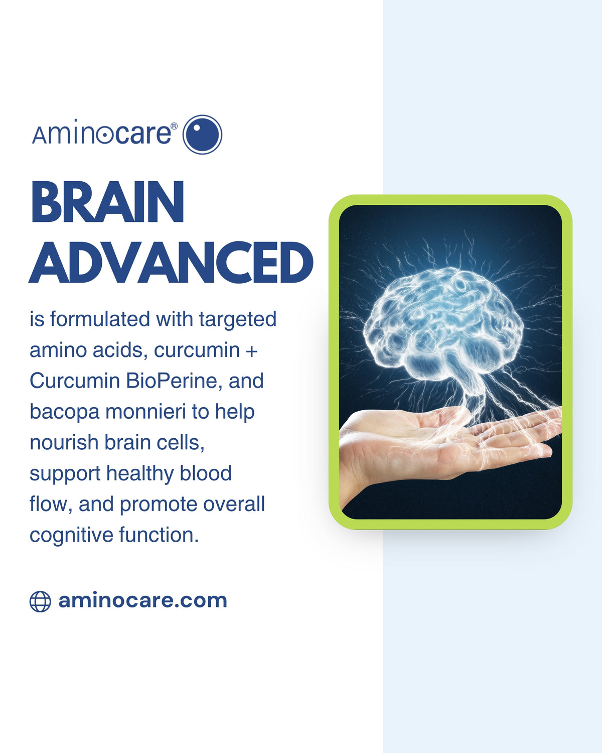 Infographic with image of brain, highlighting Aminocare® Brain Advanced for memory, focus, and overall brain health support