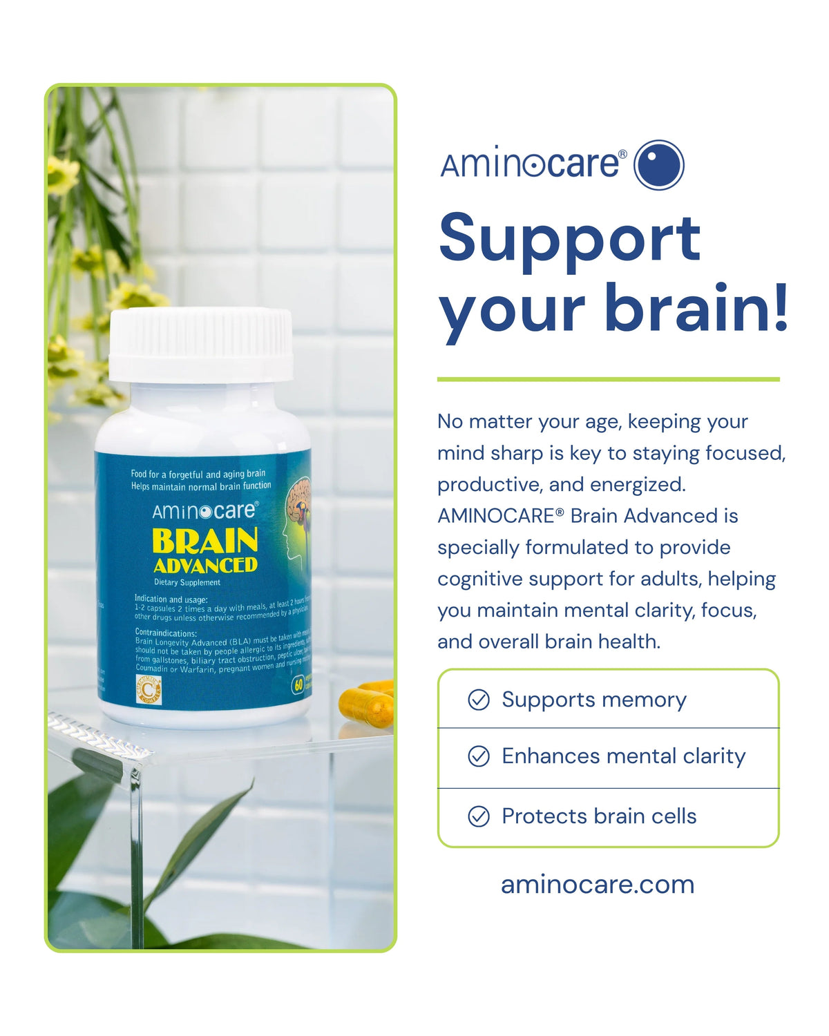 Supplement bottle of AMINOCARE® Brain Advanced.