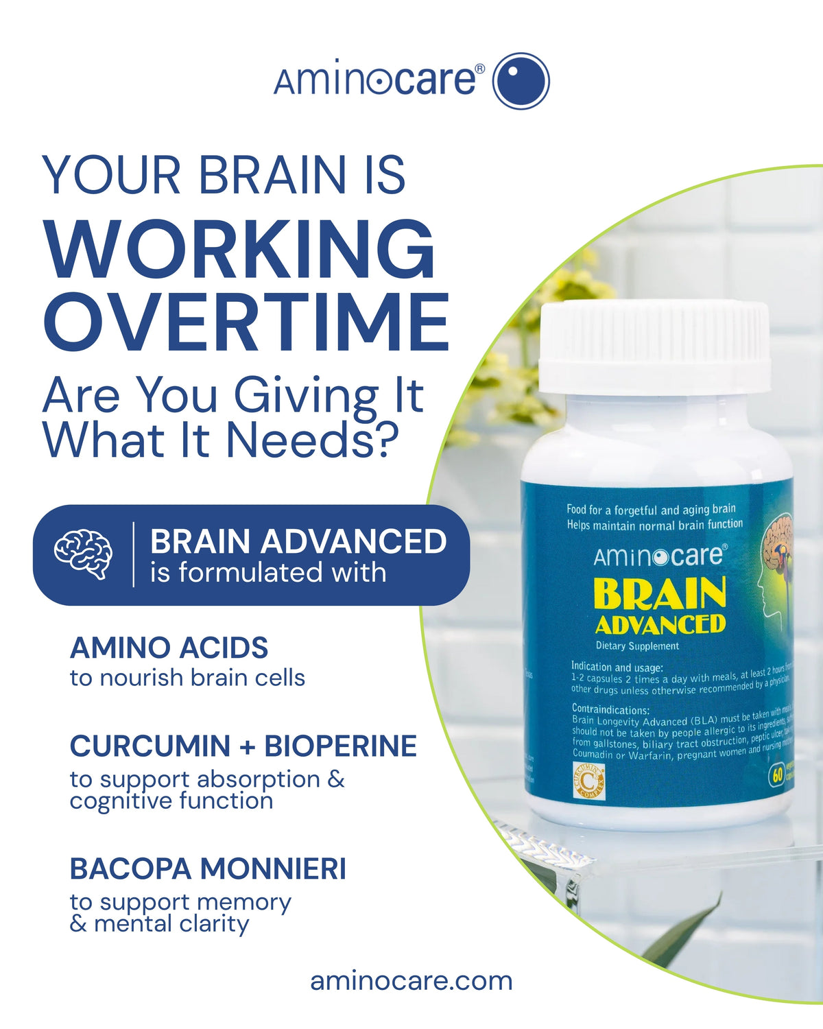 Aminocare® Brain Advanced and text about supporting your brain.