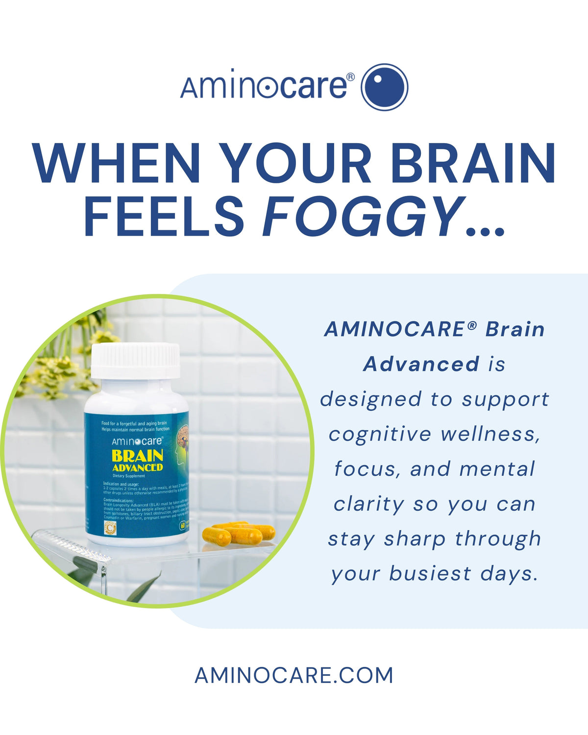 Aminocare® supplement bottle with benefits of Brain Advanced supplement.