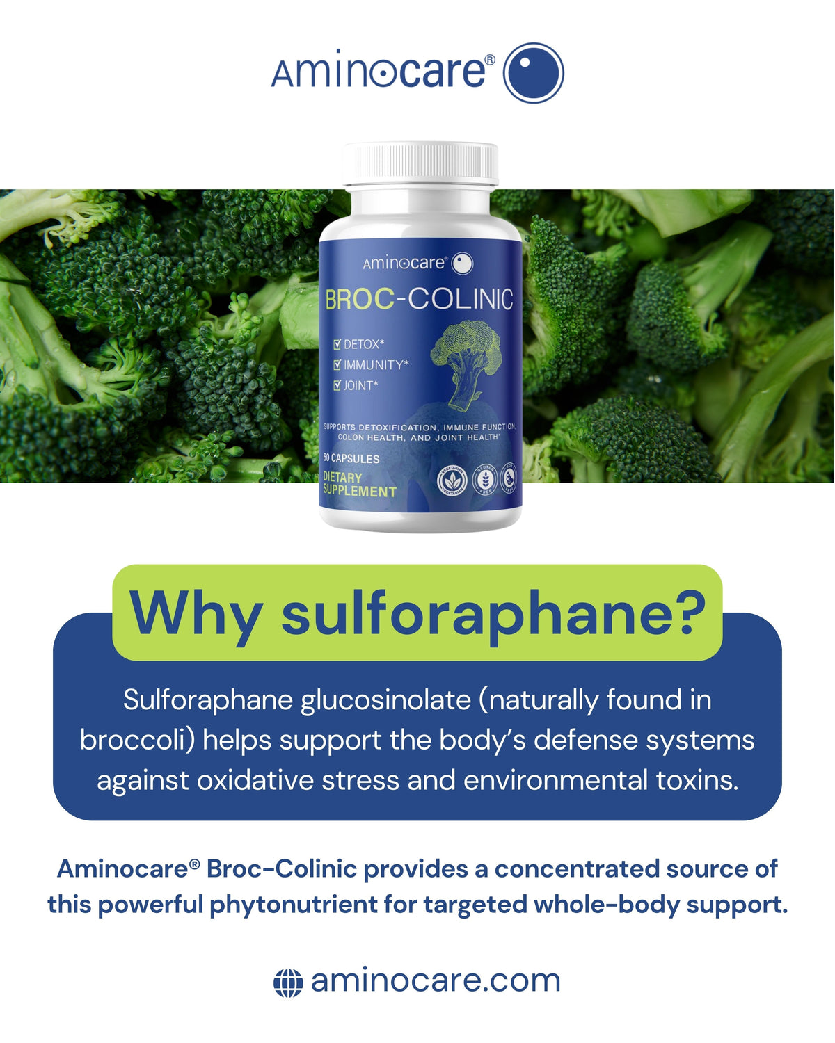 Bottle of Aminocare® Broc-Colinic with label highlighting sulforaphane glucosinolate and cellular detox support benefits.