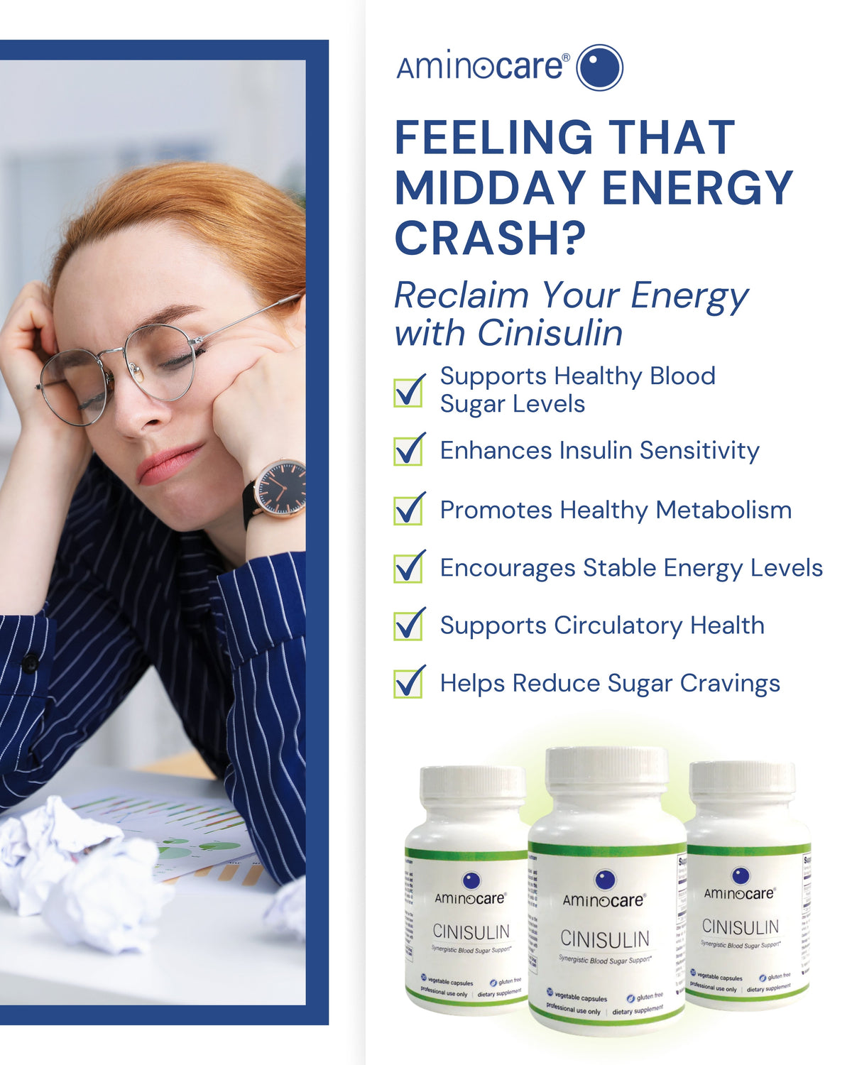 Woman at desk looking sluggish, infographic about Aminocare® Cinisulin to stop the afternoon crash.