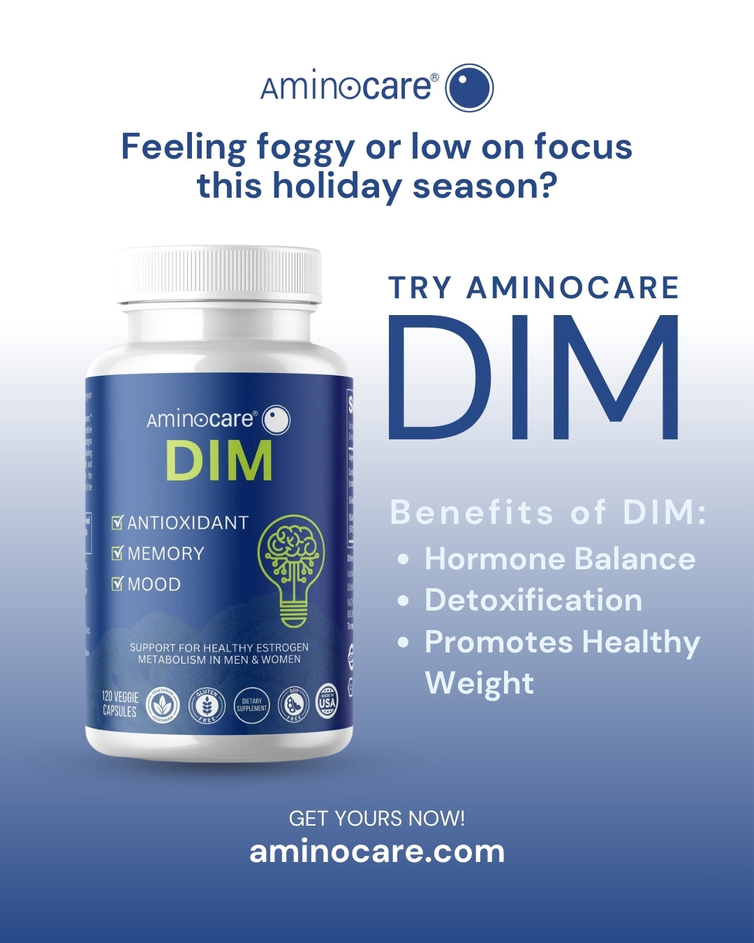 AminoCare® DIM supplement bottle with text highlighting benefits for hormonal balance, focus, and energy, including website link to shop.