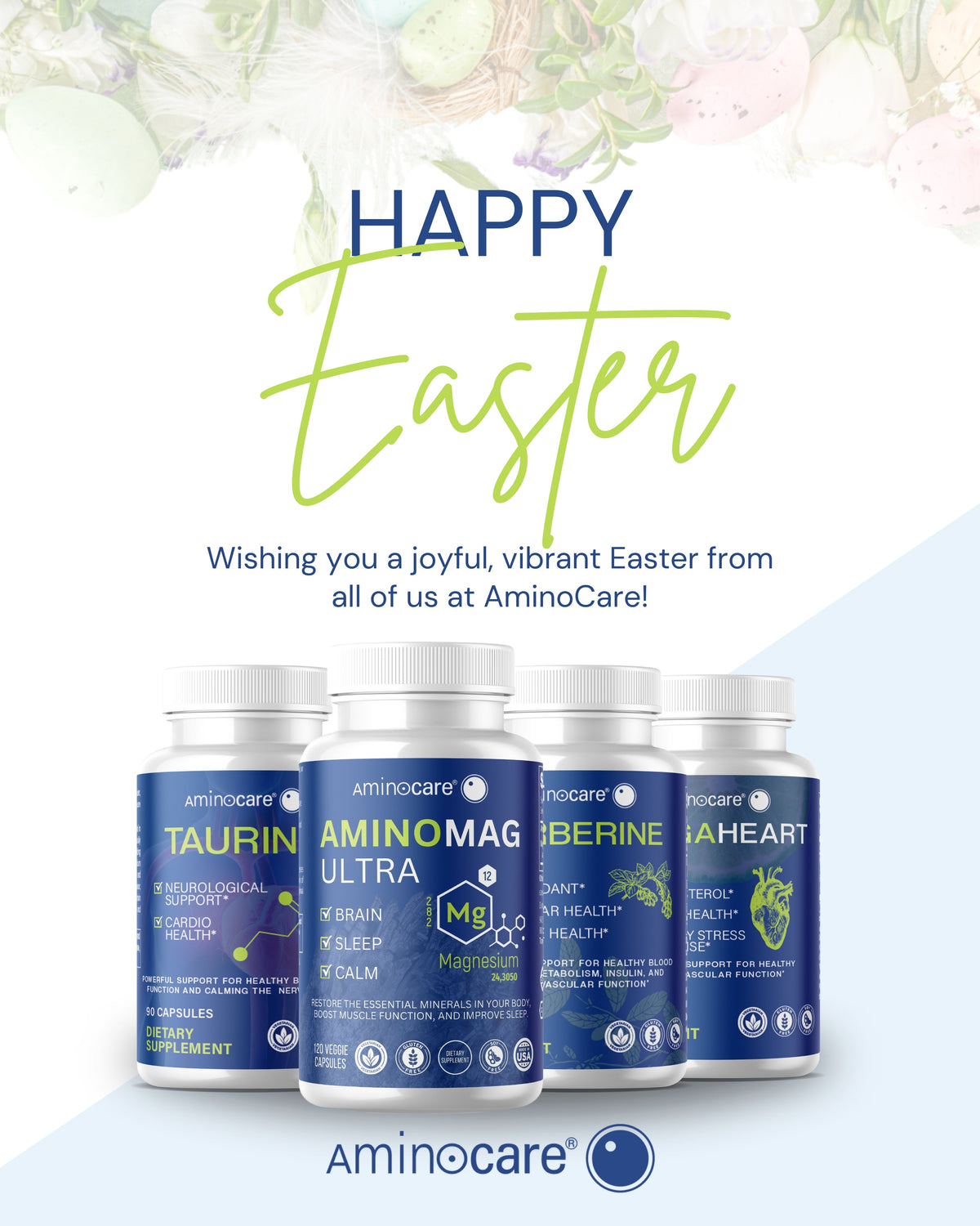 Happy Easter themed display with Aminocare supplement bottles surrounded by spring flowers and pastel decor