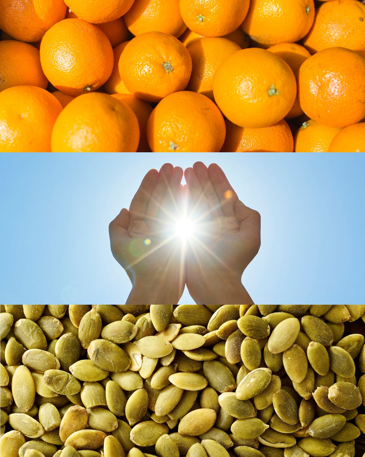 Oranges, sunlight and hands, and pumpkin seeds representing Vitamin C, D3, and Zinc for immune support with Aminocare® Immune Boost Supplement