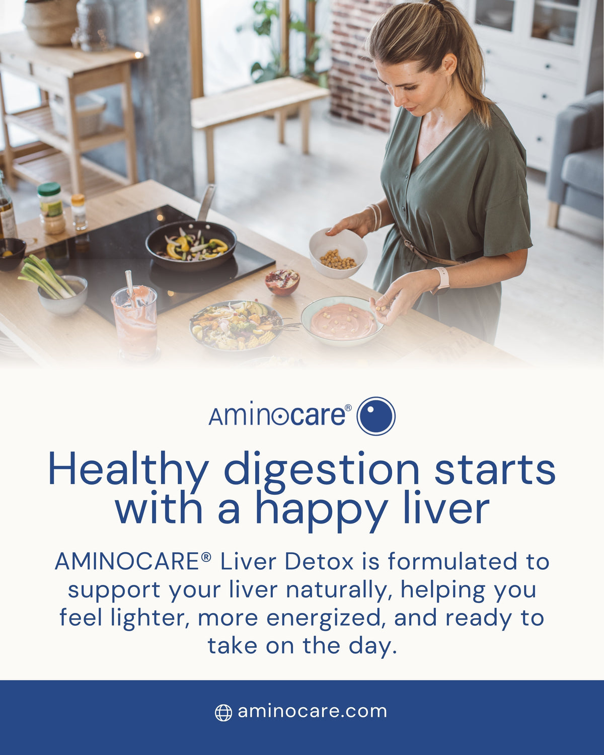 Woman cooking a healthy meal. Discussion about AMINOCARE® Liver Detox supplement, healthy digestion starts with a happy liver.