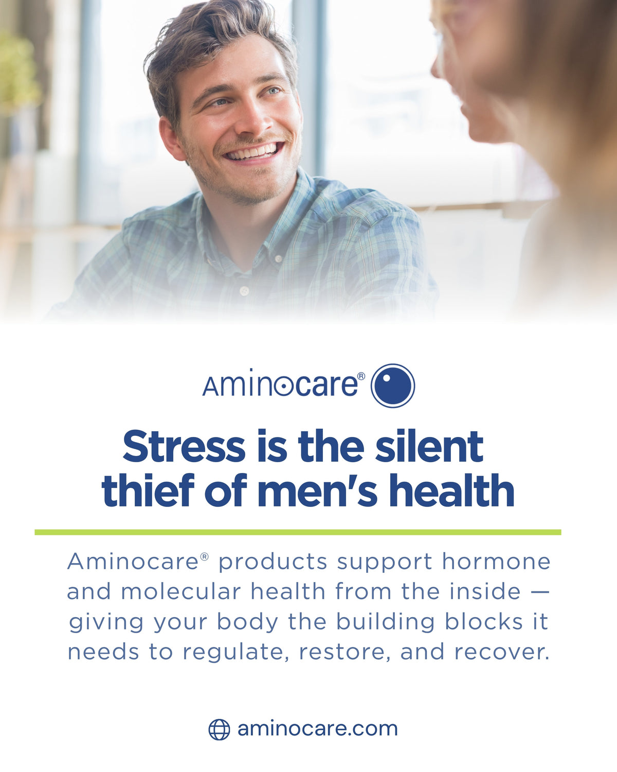 Man smiling talking to woman representing Men’s Stress Support with Aminocare®