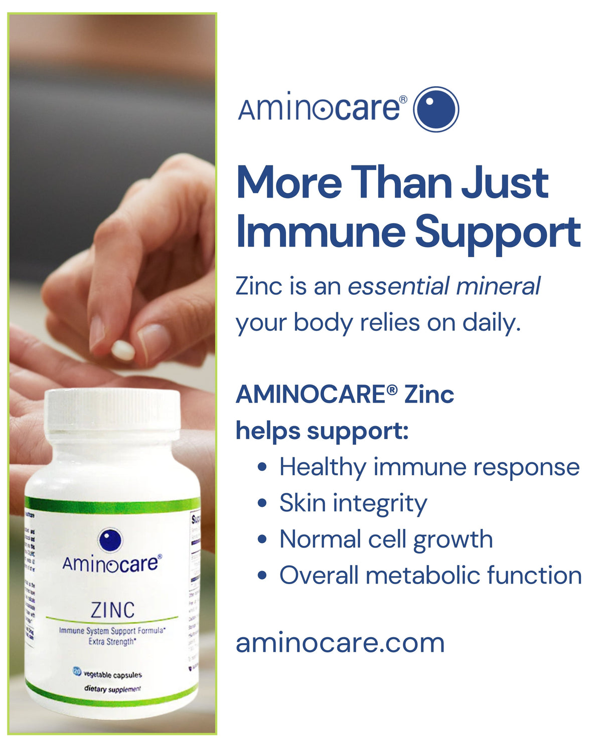 Infographic featuring Aminocare® Zinc supplement bottle highlighting immune support, skin health, and metabolic function benefits.