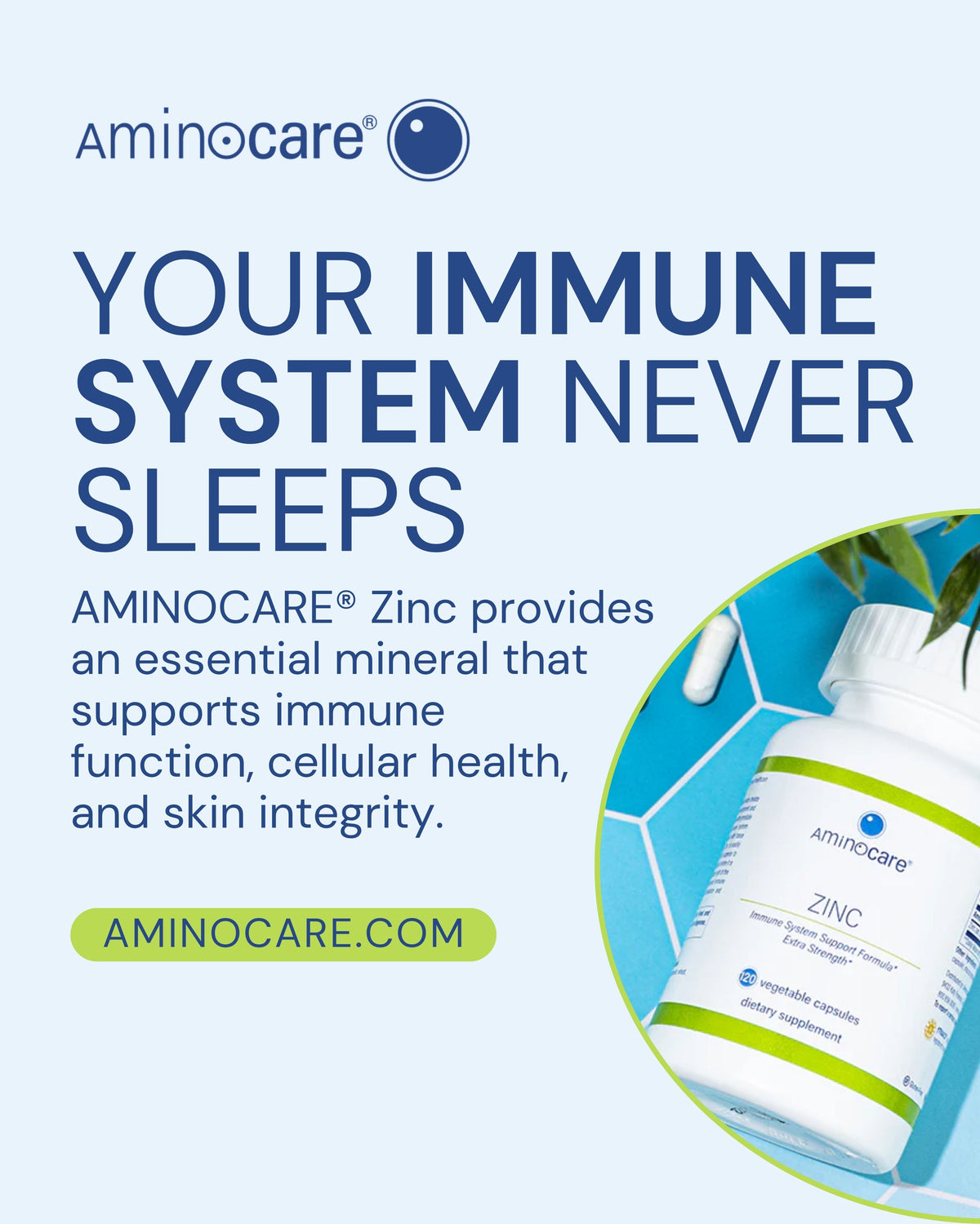 Bottle of Aminocare® Zinc highlighting immune system support, cellular health, and skin integrity benefits