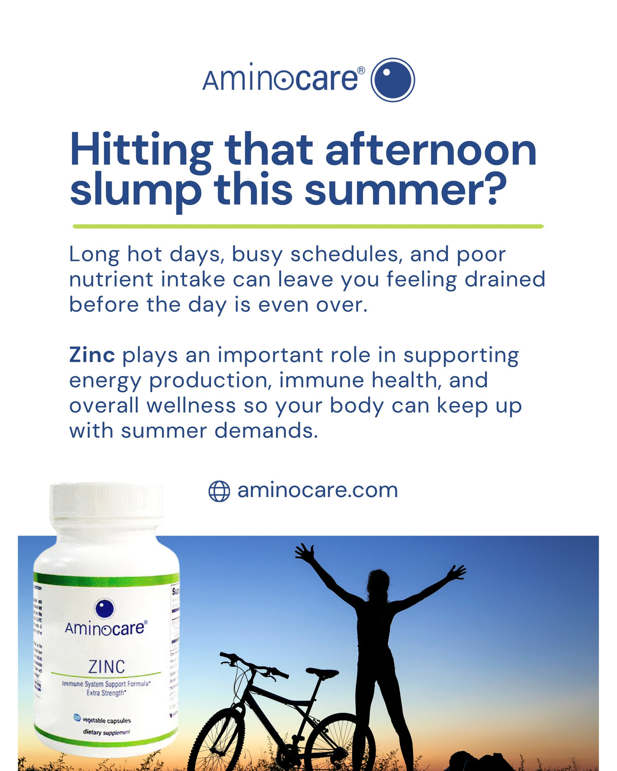 Aminocare® Zinc bottle with summer energy and immune support message.