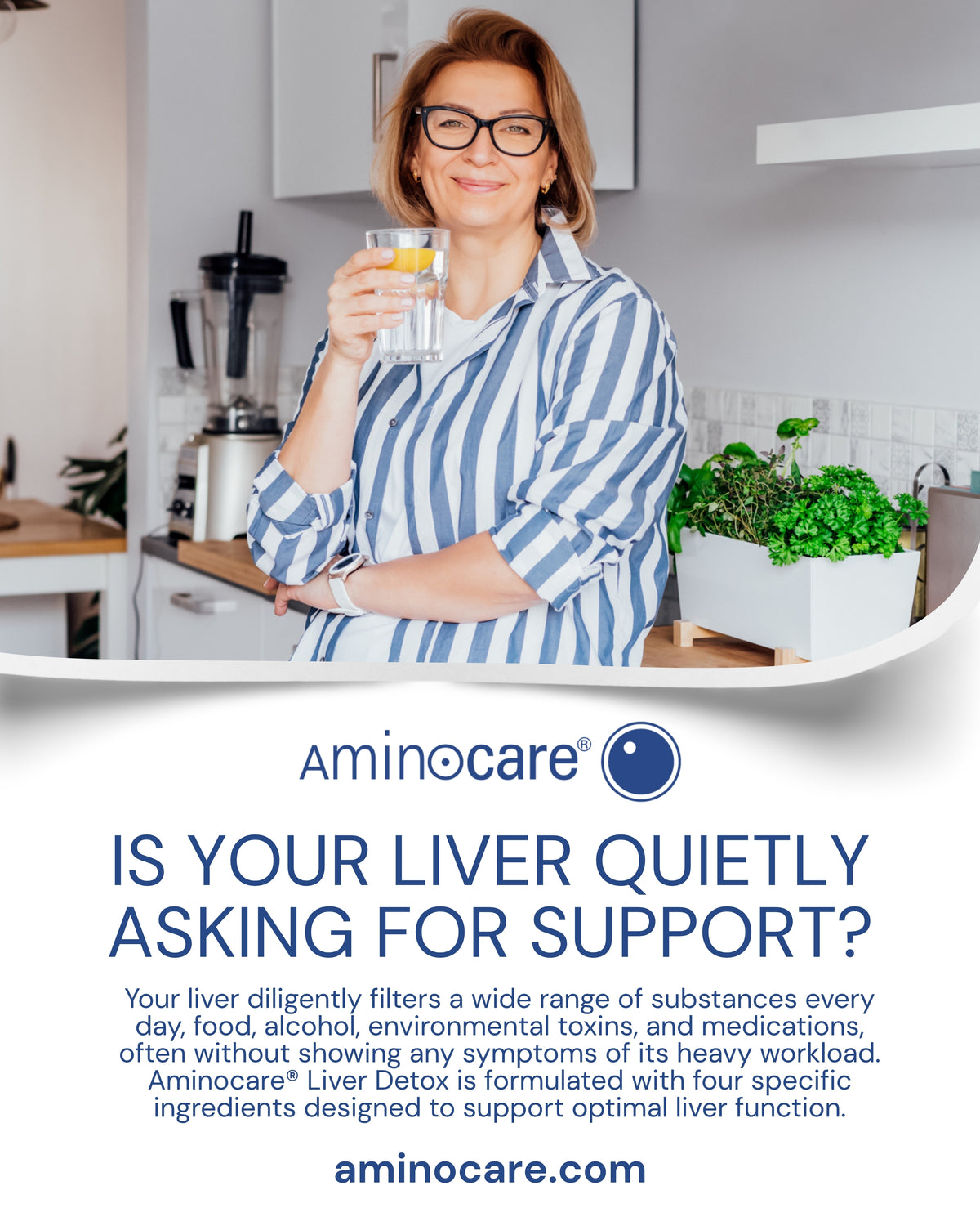 Aminocare Liver Detox supplement bottle on a kitchen counter in Houston, Texas