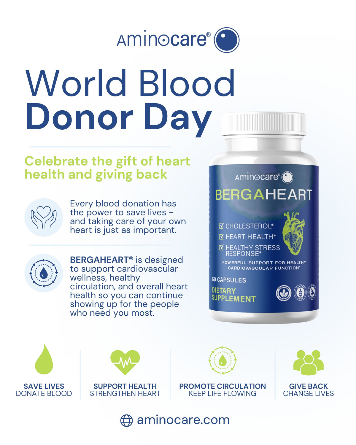 Bottle of Aminocare BERGAHEART® supplement. Honoring World Blood Donor Day and the importance of caring for your own heart.