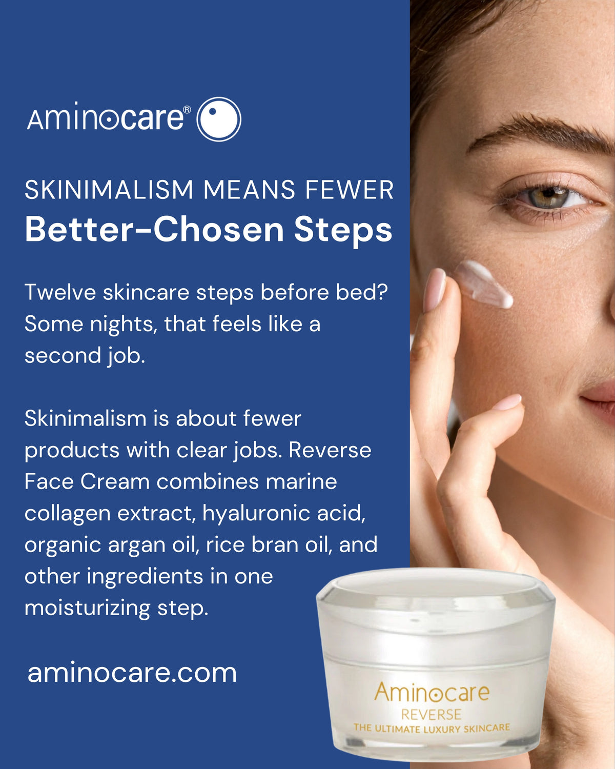 Aminocare Reverse Face Cream jar as part of a skinimalism routine in Houston, Texas