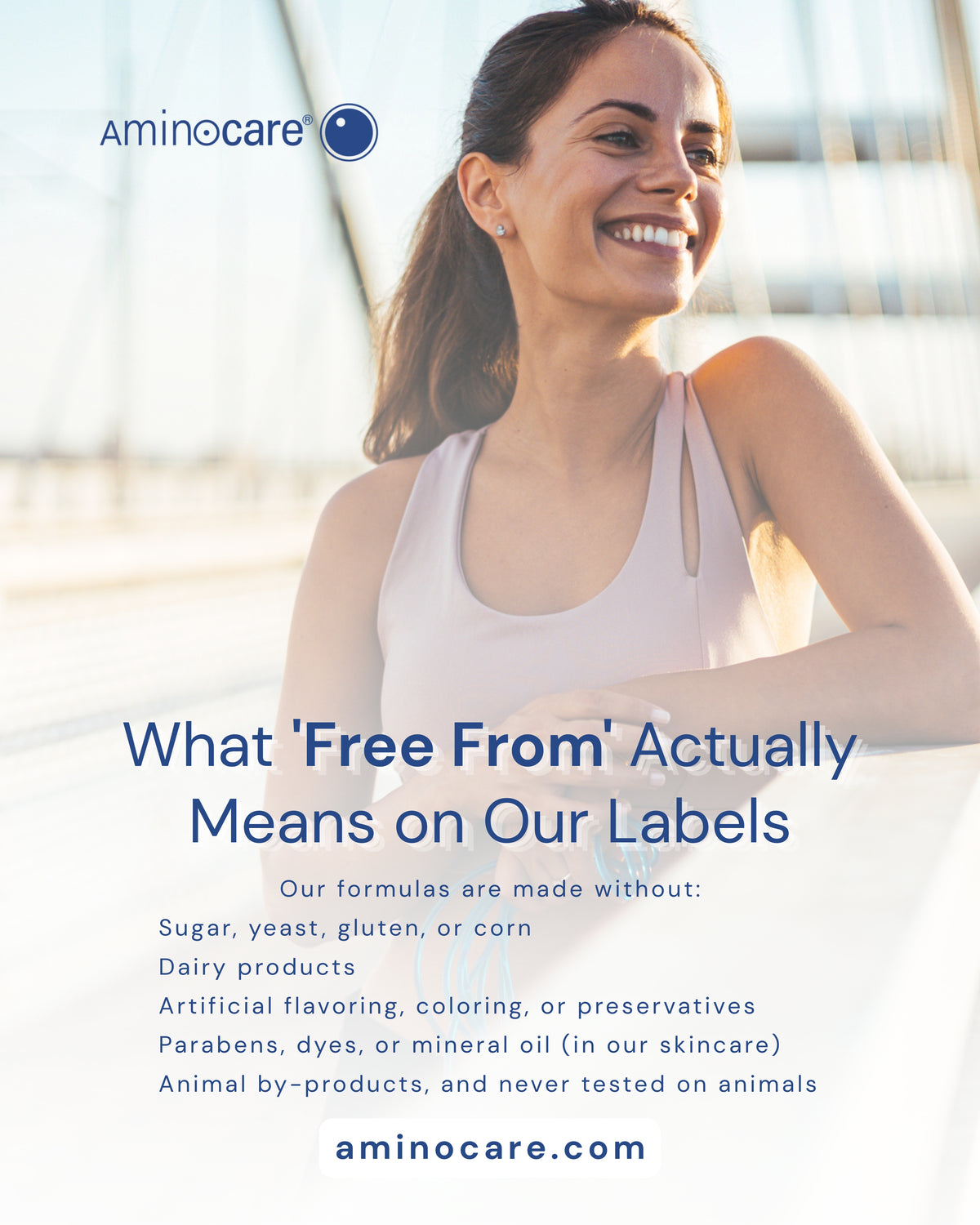 Aminocare supplement bottle highlighting free from claims in Houston, Texas