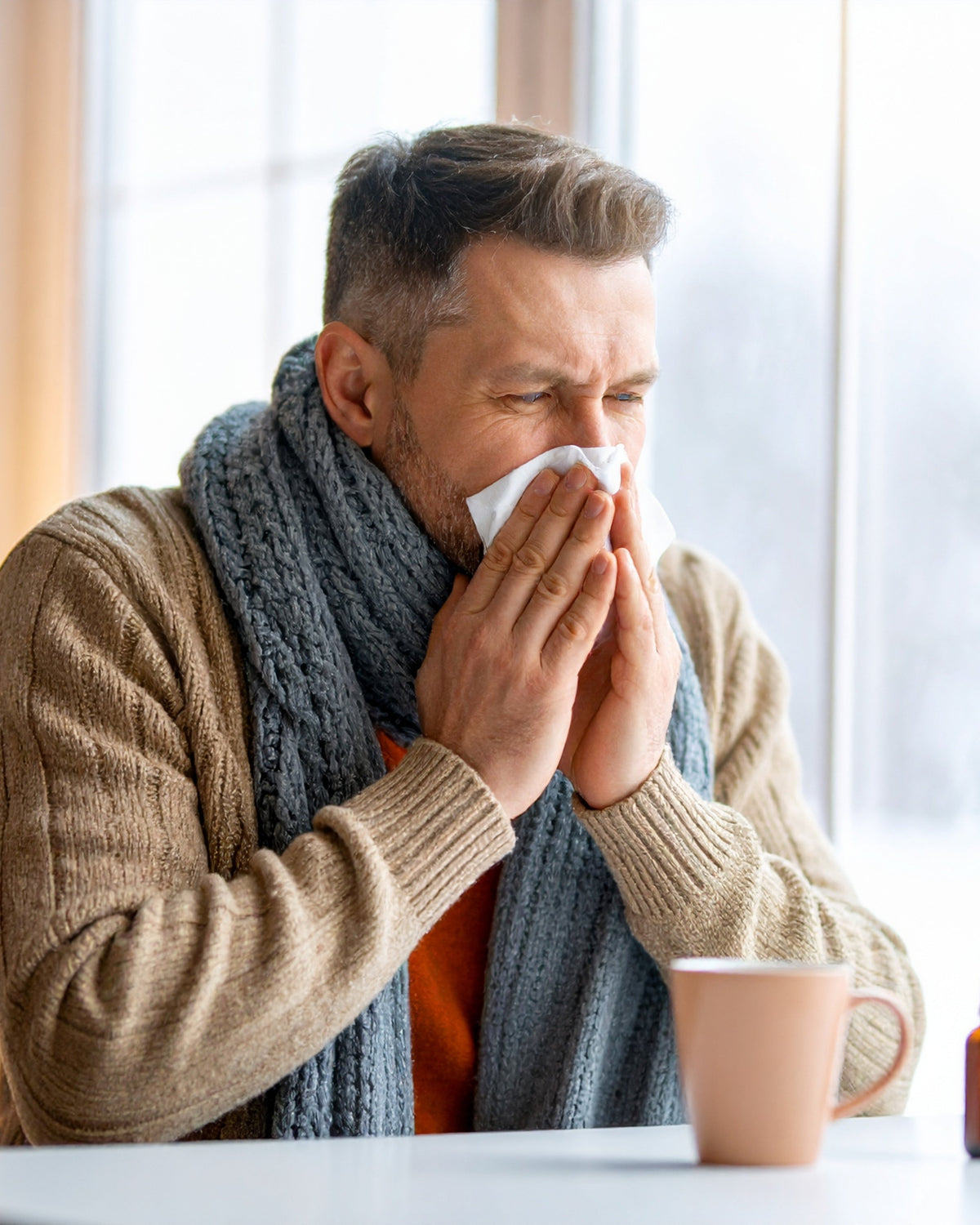 Adult male with cold symptoms using Aminocare Immune Boost for daily wellness