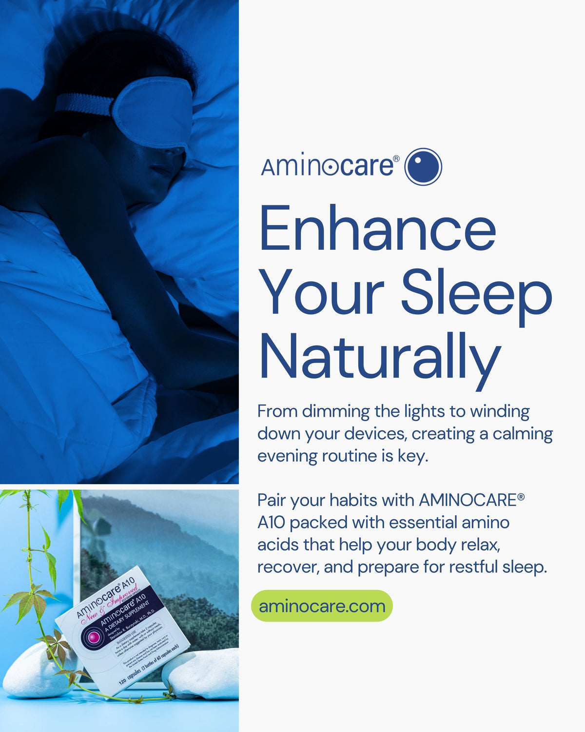 Person wearing a sleep mask, sleeping peacefully with a natural sleep enhancement supplement, A10, by Aminocare.