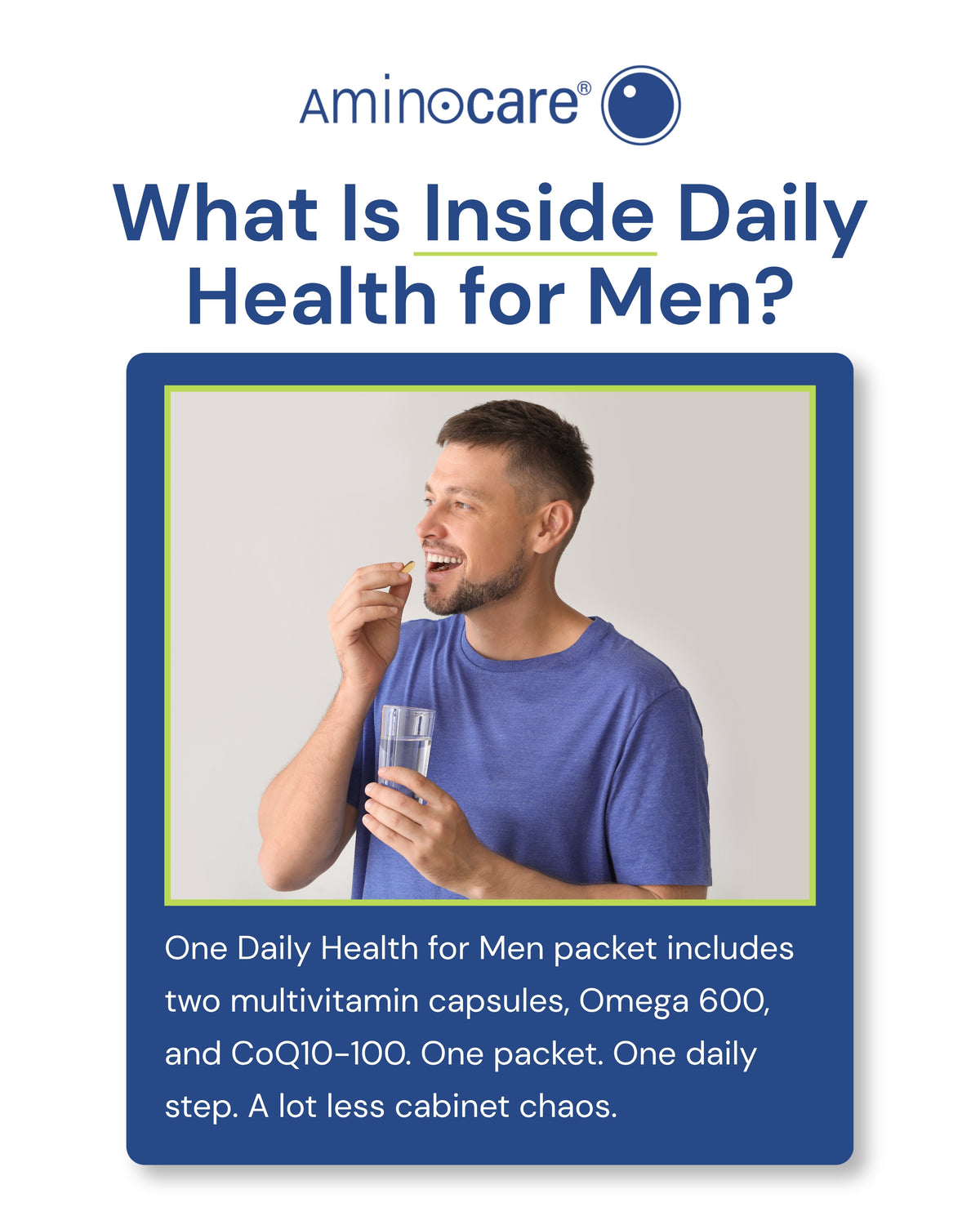 Aminocare Daily Health for Men packet on a counter in Houston, Texas