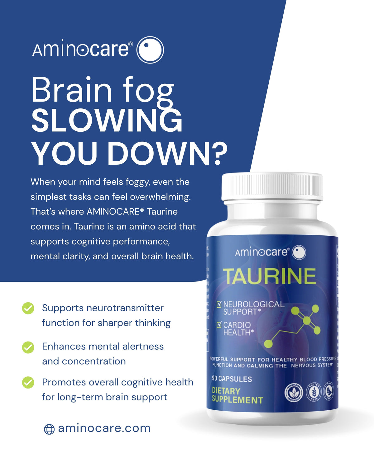 Aminocare® Taurine supplement bottle with text about brain fog and mental clarity support
