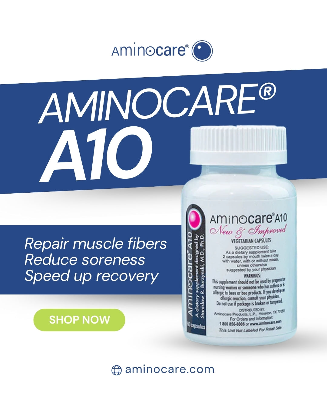 AMINOCARE® A10 supplement bottle supporting muscle energy, wellness, and recovery.